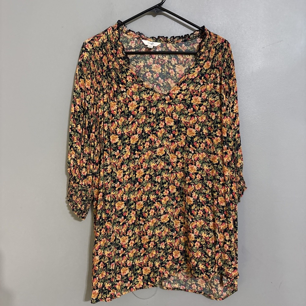 Terra & Sky Top Womens 2XL Multicolor Floral Print 3/4 Sleeve Rayon High-Low Hem